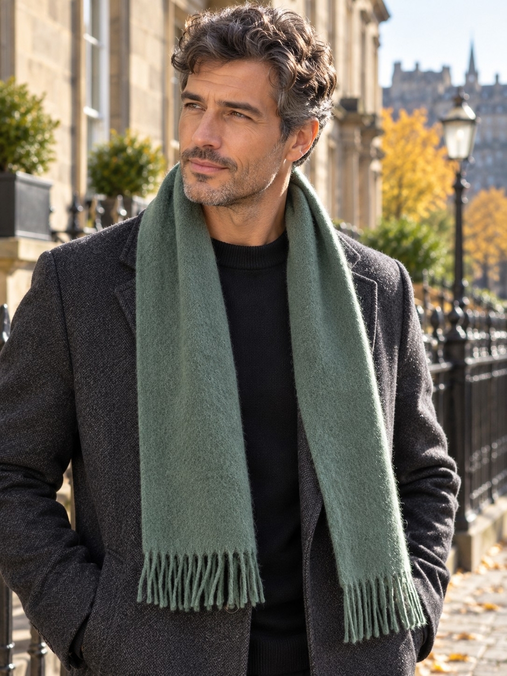 100% Fine Lambswool Scarf Sage Green Woolmark Brushed Wool Fringe Unisex